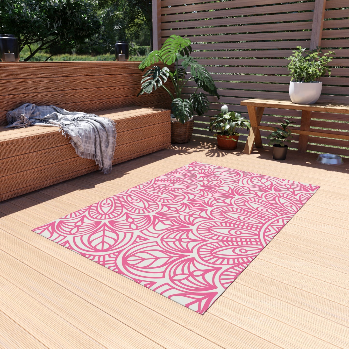Pink Mandala Pattern Outdoor/Indoor Rug | Floral Patio Mat