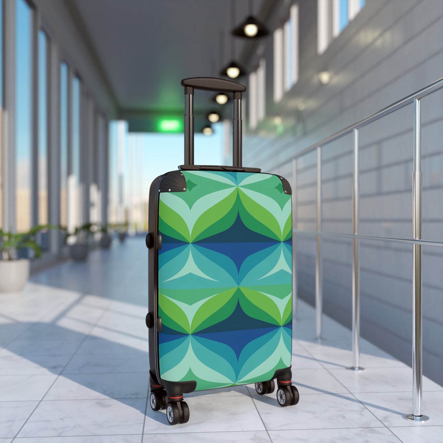 Retro Geometric Mid Century Pattern Suitcase | Green Blue Travel Luggage