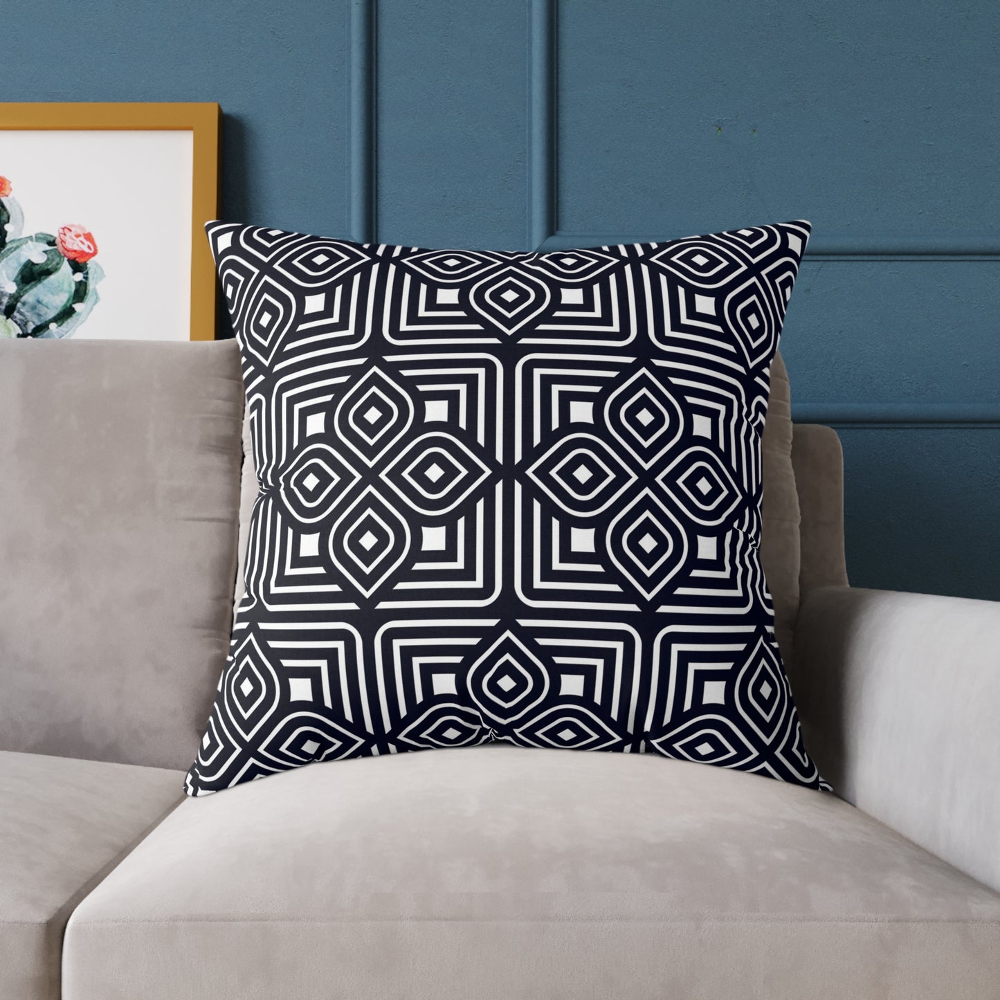 Geometric Moroccan Tile Square Pillow | Navy Canvas Throw Pillow