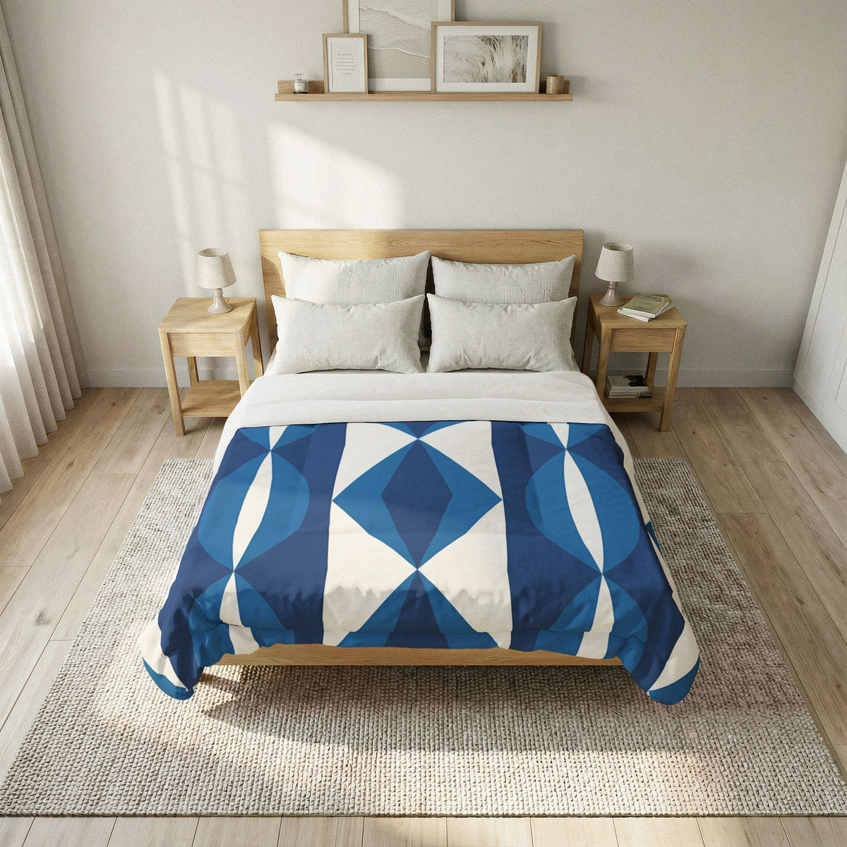 Blue Geometric Diamond Pattern Cotton Comforter | Modern Ikat Bedding