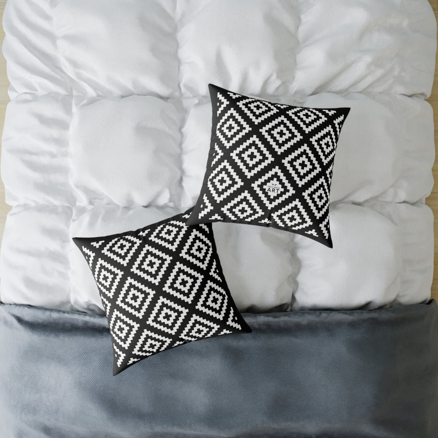 Black White Boho Native American Geometric Diamond Pattern Pillow | Square Poly Canvas Pillow