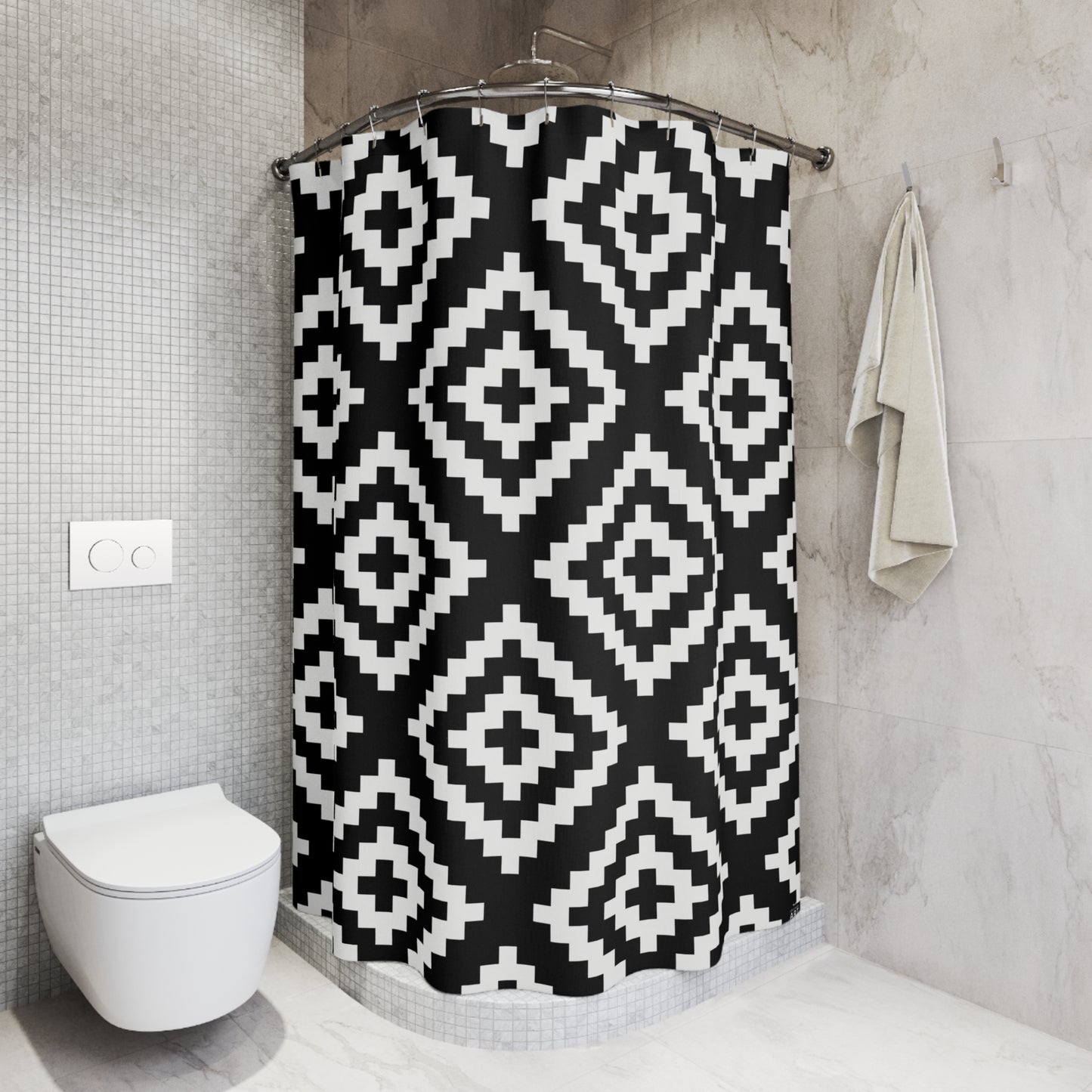 Black White Boho Native American Geometric Diamond Shower Curtain | Aztec Pattern