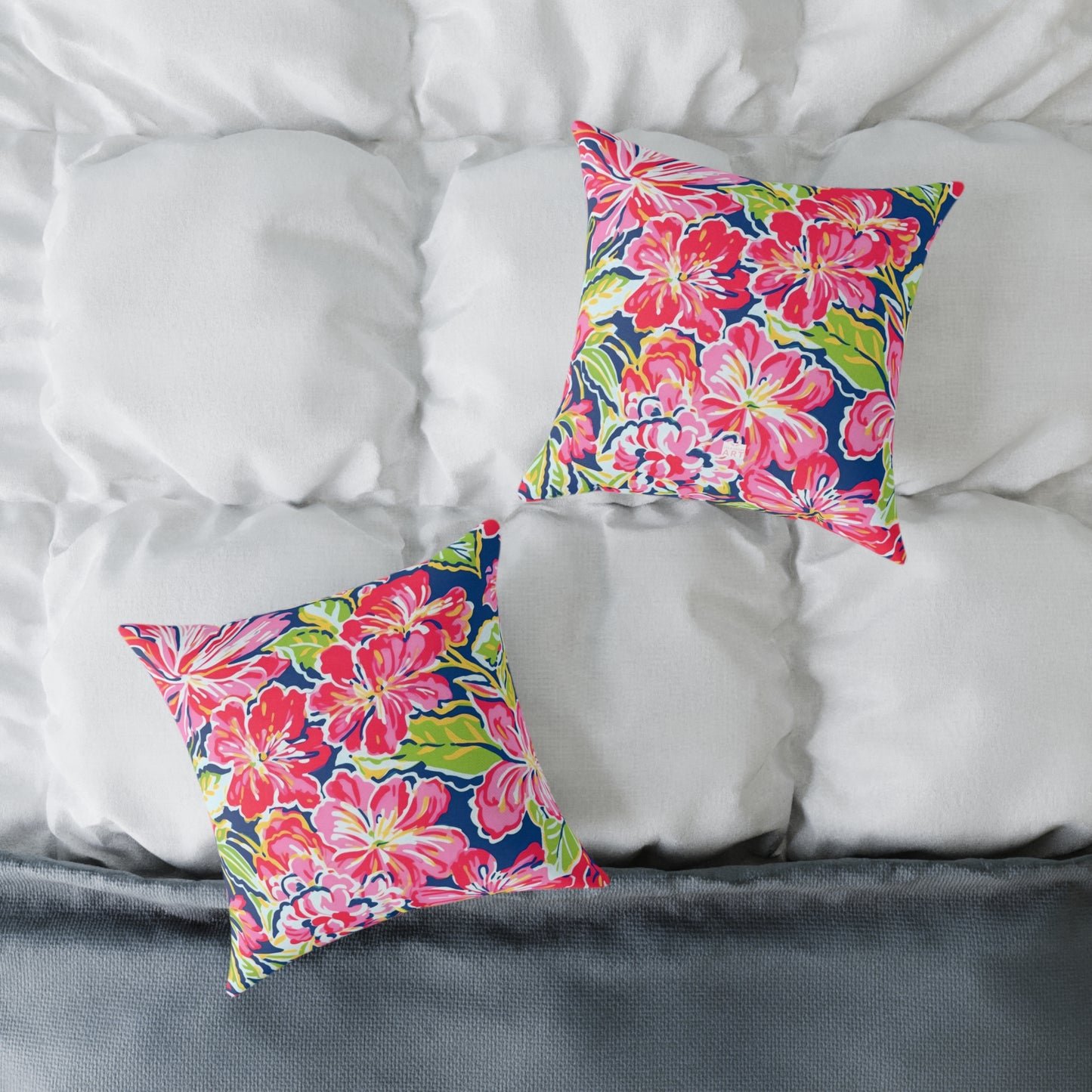 Pink Red Green Blue Tropical Hibiscus Floral Pillow | Square Poly Canvas Pillow