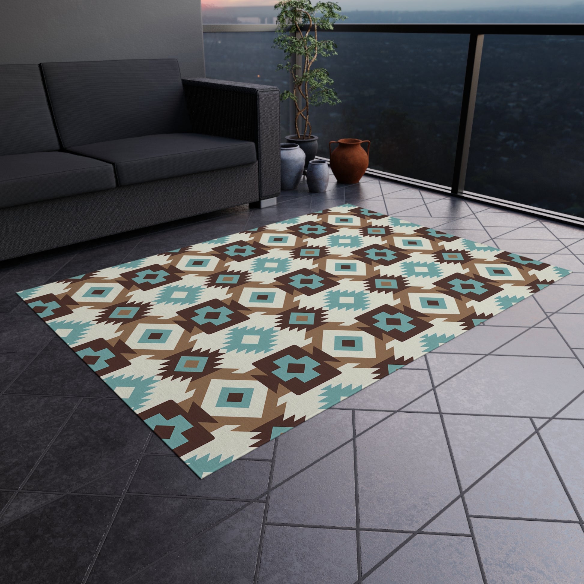 Turquoise, brown, white Stylish Outdoor/Indoor Rug for Patios, Bohemian Decor, Modern Outdoor Living, Picnic Essentials, Garden Party Decor - LOLA VEGAS ART