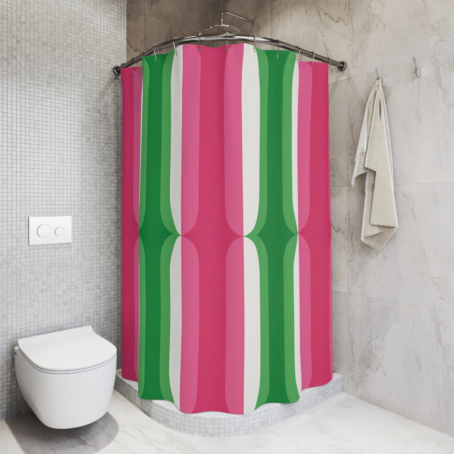 Retro Pink Green Stripe Shower Curtain | Mid Century Modern Bathroom
