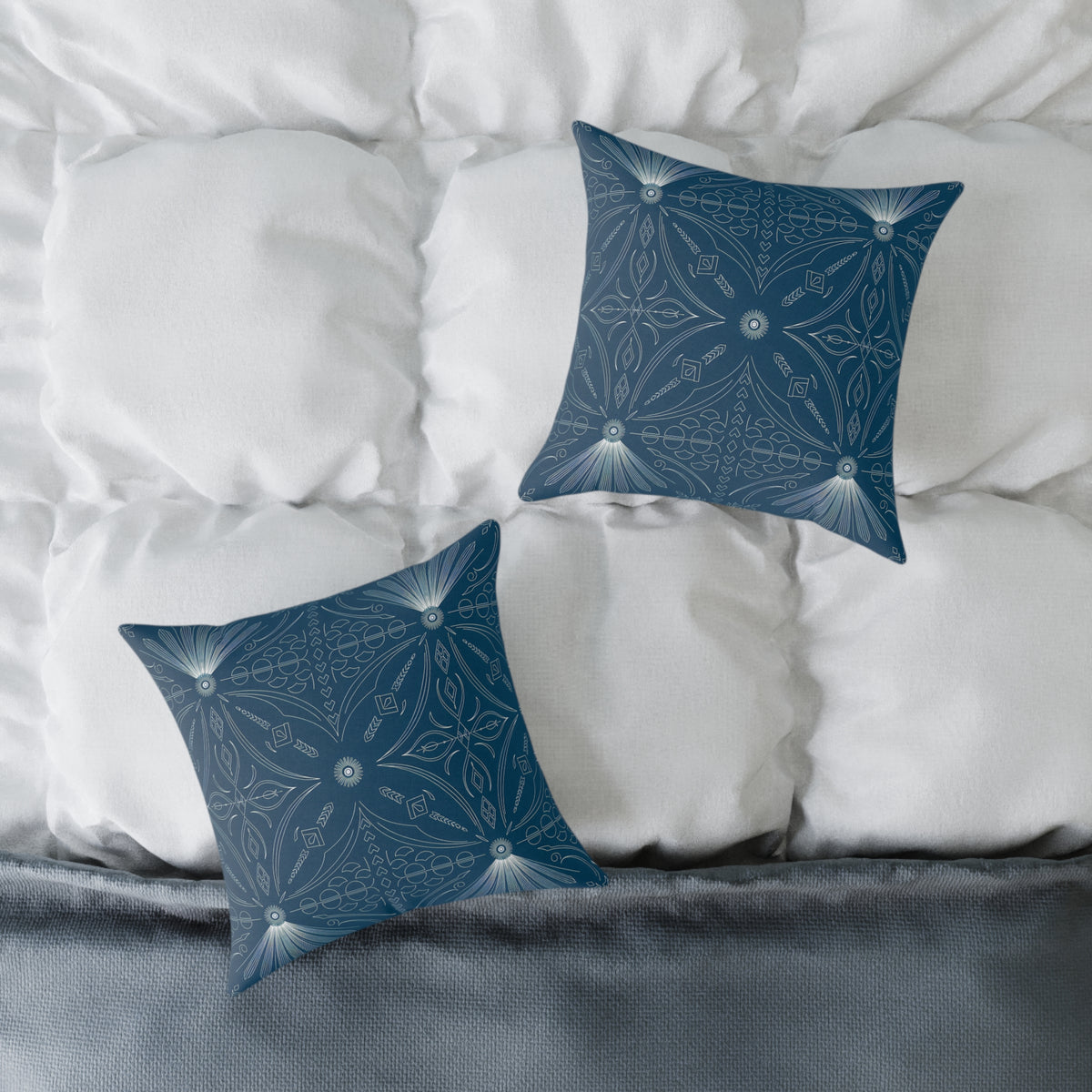 Cerulean White Geometric Mandala Square Poly Canvas Pillow | Boho Tile Pattern