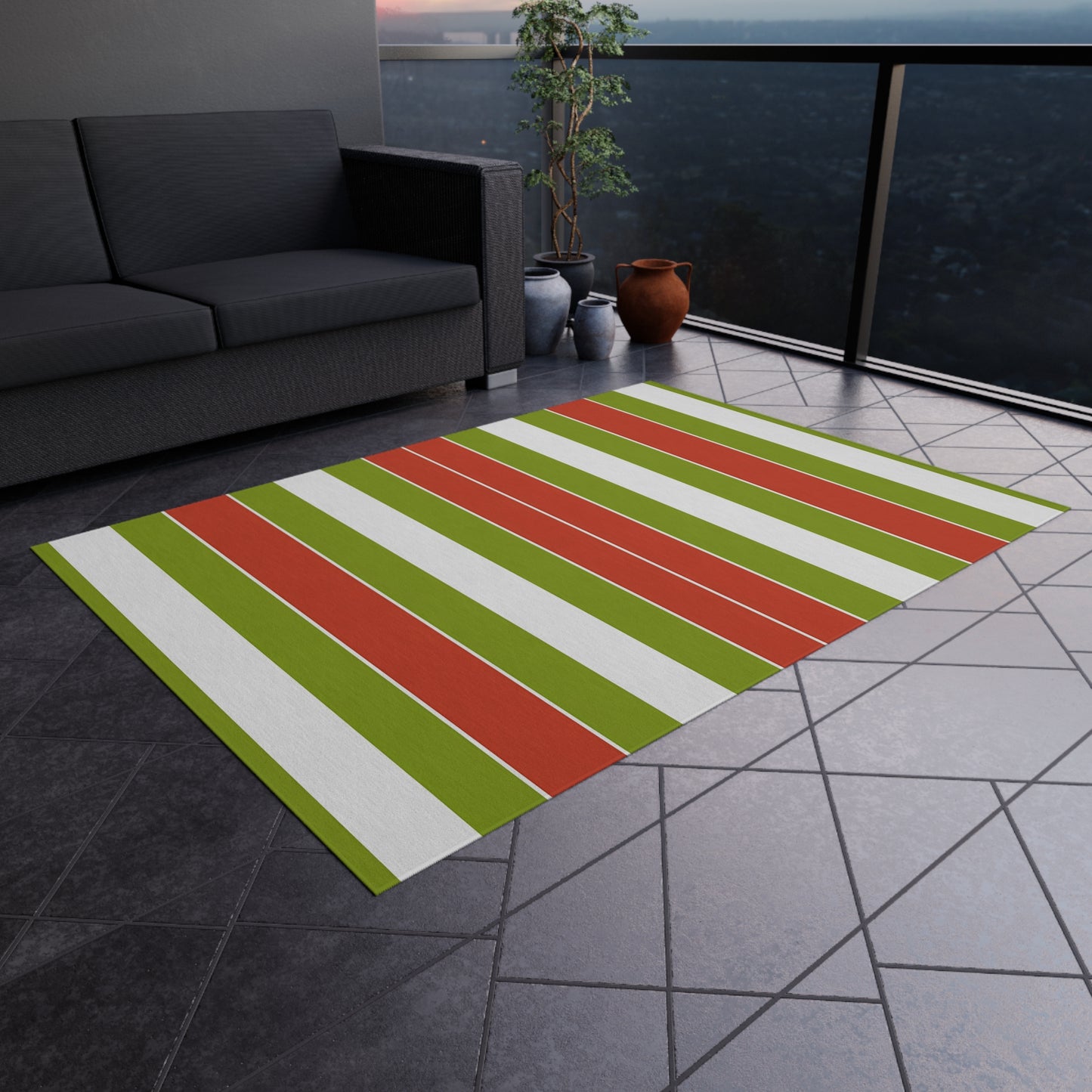 Green Red White Striped Outdoor/Indoor Rug | Patio Door Mat