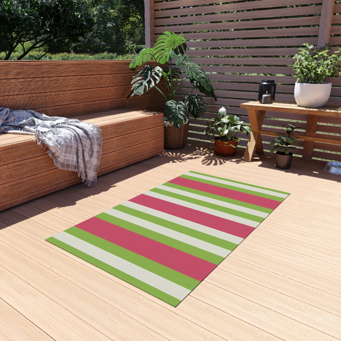 Watermelon Pink and Green Striped Outdoor Rug | Patio Mat