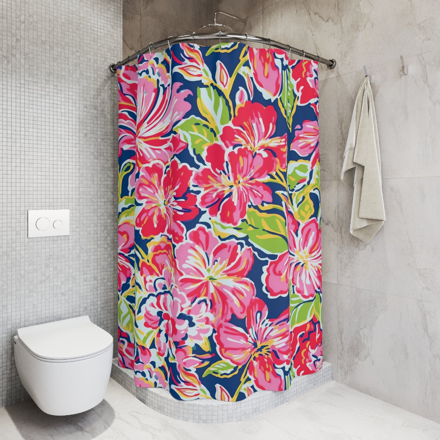 Pink Red Tropical Floral Shower Curtain | Navy Hibiscus Pattern
