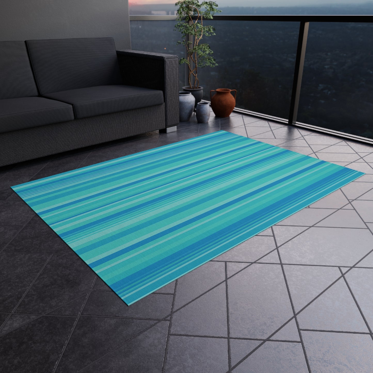 Blue Striped Beach Stripe Outdoor Rug | Patio Mat