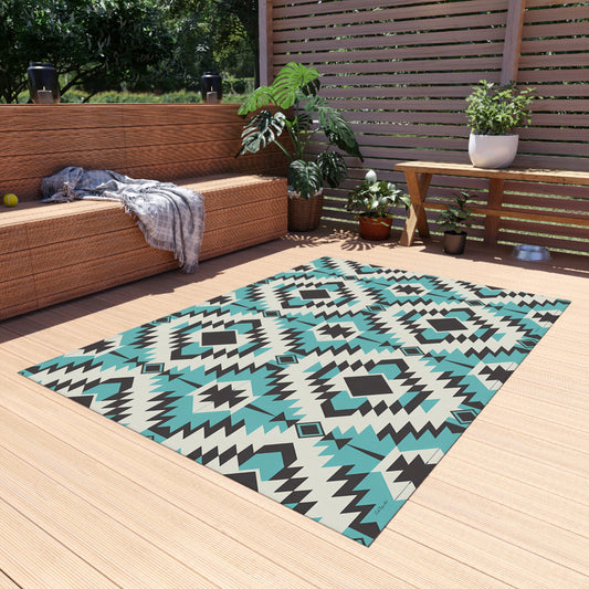 Turquoise, Black and White Stylish Outdoor Rug for Patios, Boho Decor, Area Mat, Deck Accessory, Indoor/Outdoor Use - LOLA VEGAS ART