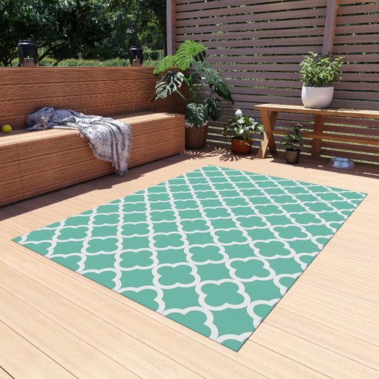 Teal Moroccan Trellis Outdoor/Indoor Rug | Geometric Patio Mat