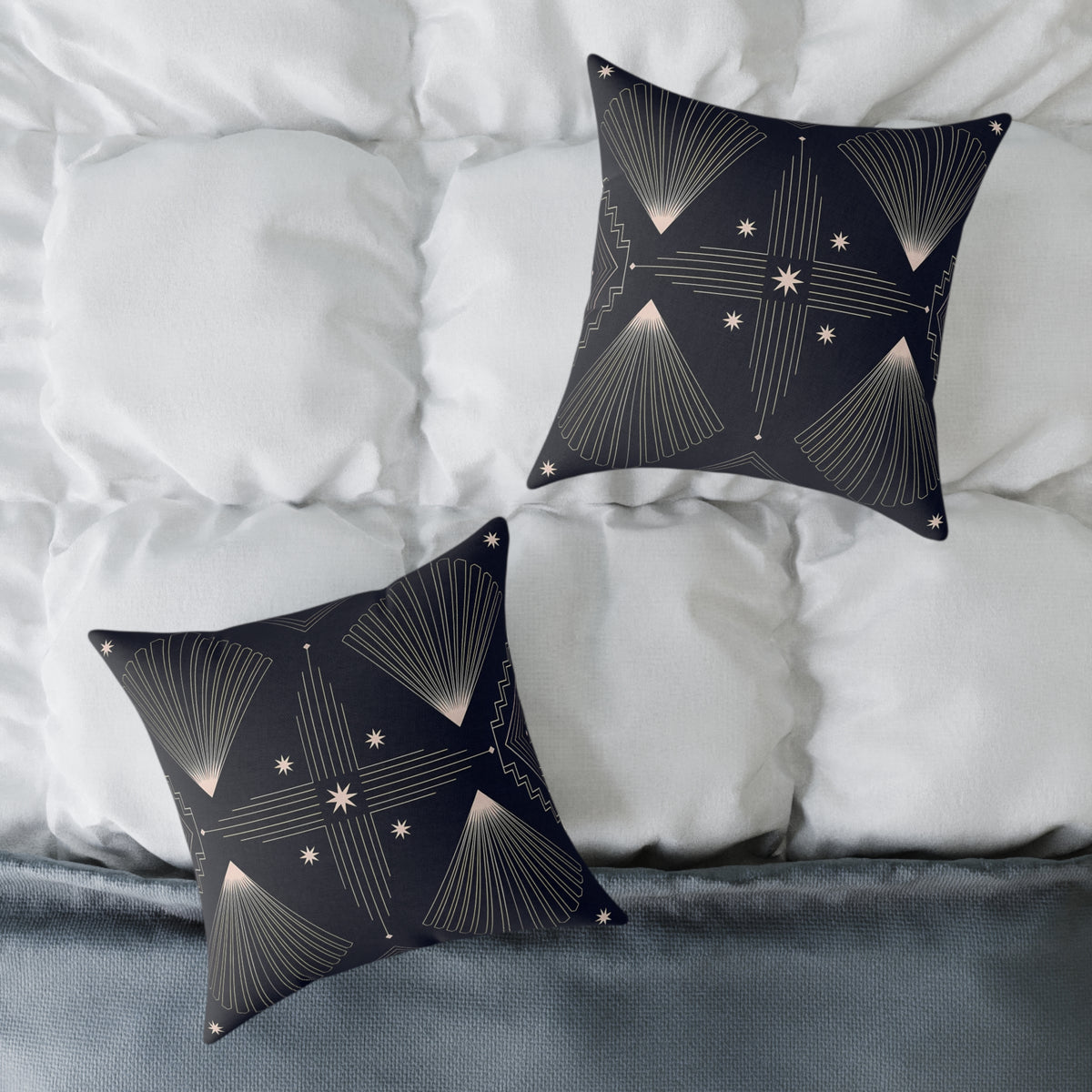 Indigo Blue Art Deco Starburst Square Pillow | Geometric Night Sky Throw Pillow