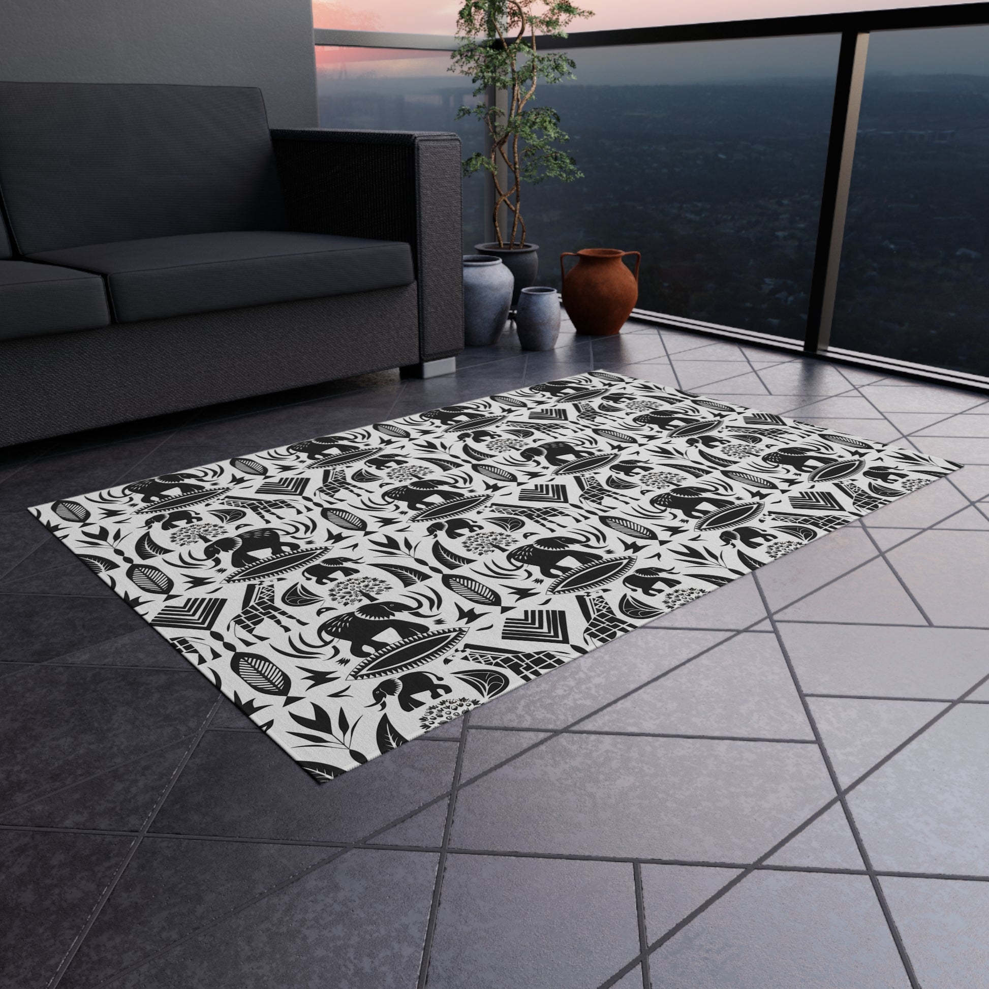 Black/White jungle Indoor/Outdoor Bohemian Rug, Stylish Patio Mat, Home Decor, Garden Area, Picnic Essentials, Unique Gift for Nature Lovers - LOLA VEGAS ART