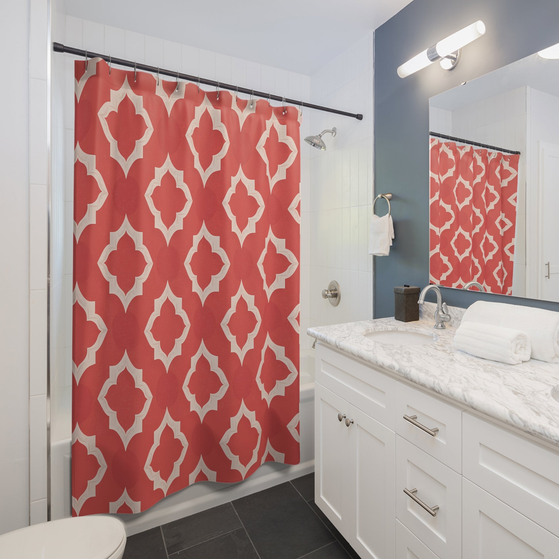 Vibrant Geometric Shower Curtain, Modern Bathroom Decor, Boho Style, Holiday Gift, Unique Home Accessory, Dark Orange Moroccan Quatrefoil - LOLA VEGAS ART