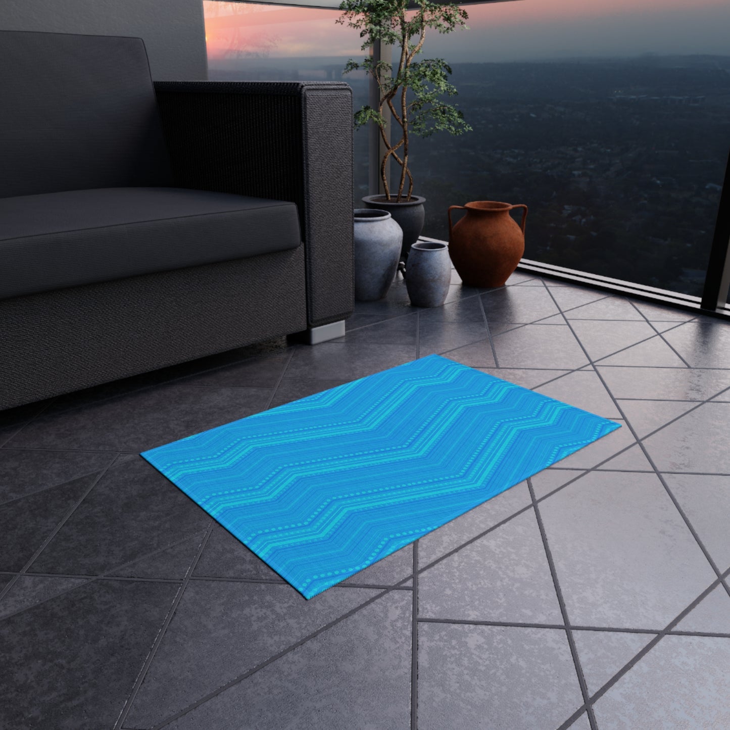 Blue Chevron Pattern Outdoor/Indoor Rug | Weatherproof Patio Mat