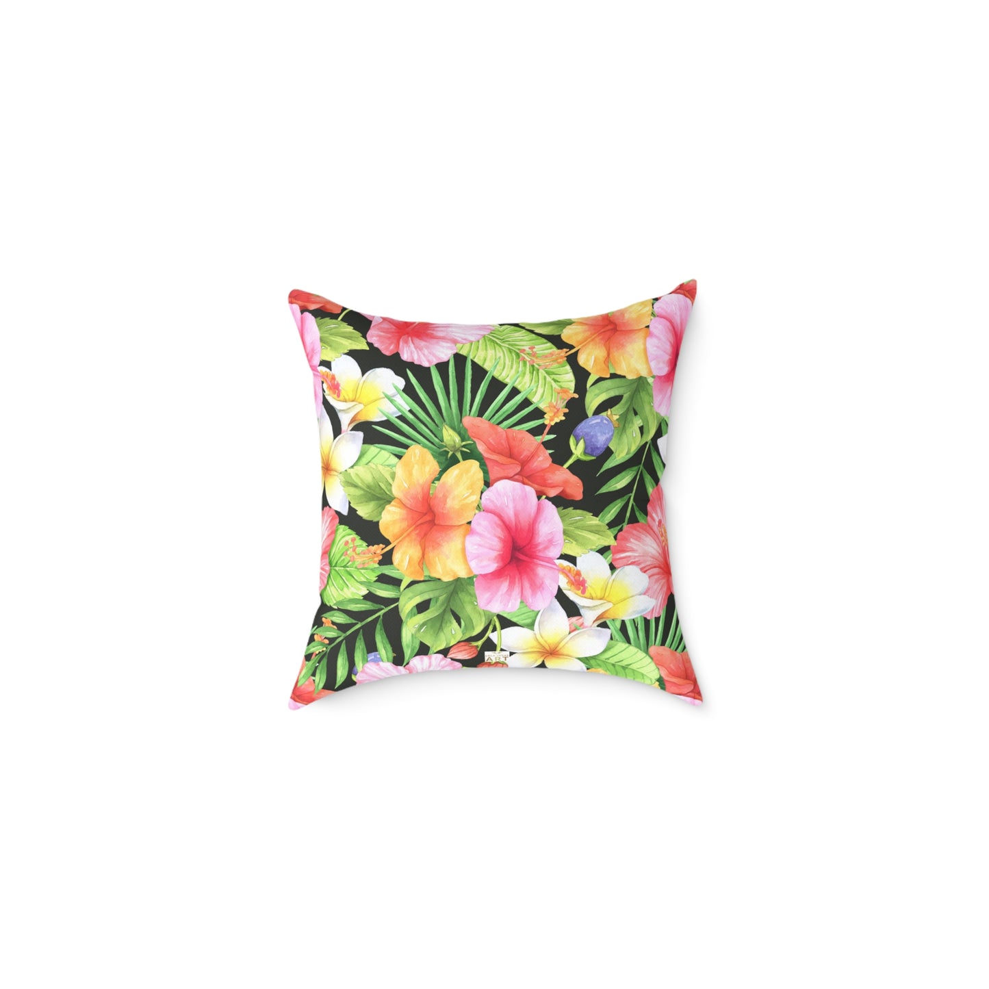 Tropical Pink Yellow Green Hibiscus Floral Square Pillow | Hawaiian Leaves Pattern
