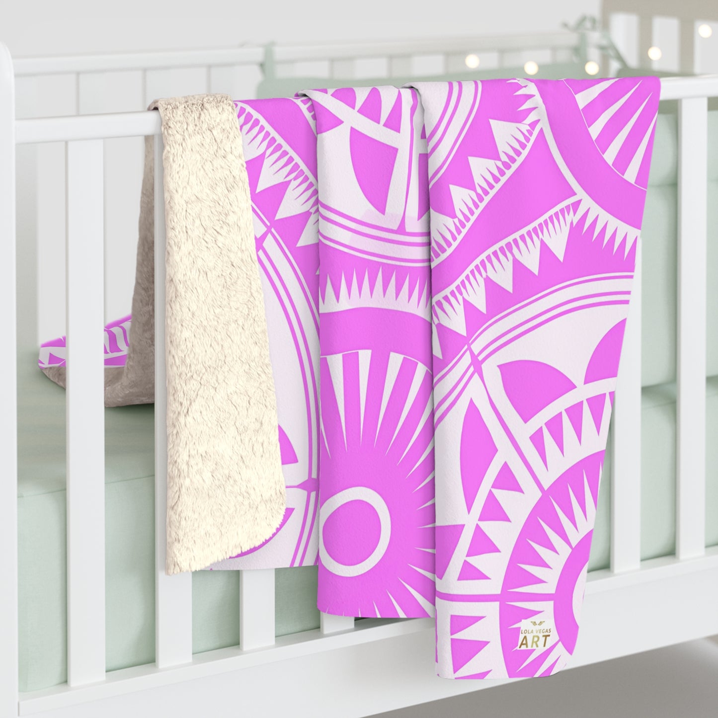 Pink White Mandala Pattern Sherpa Blanket Boho Geometric Throw