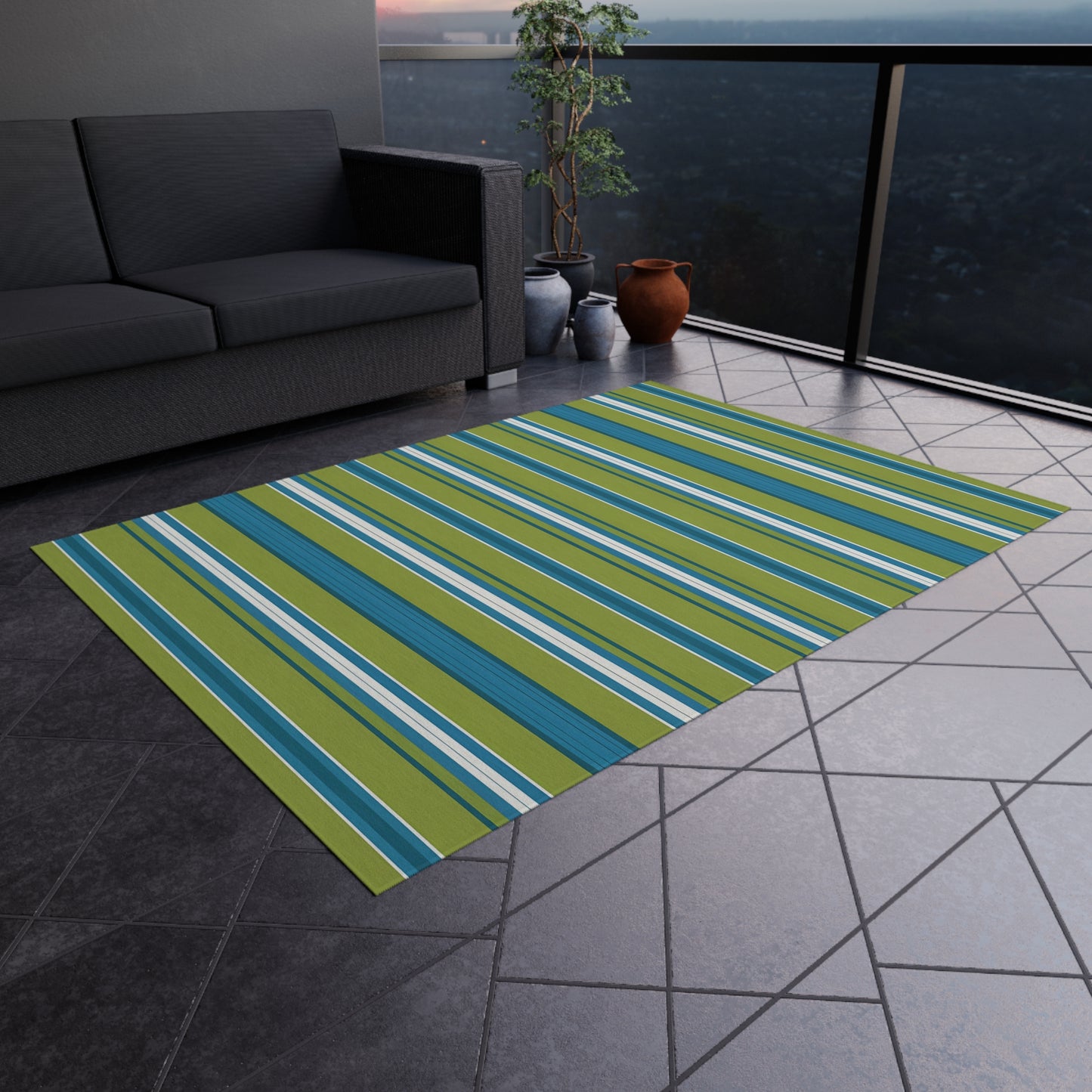 Blue Green White Stripe Outdoor/Indoor Rug | Patio Deck Mat