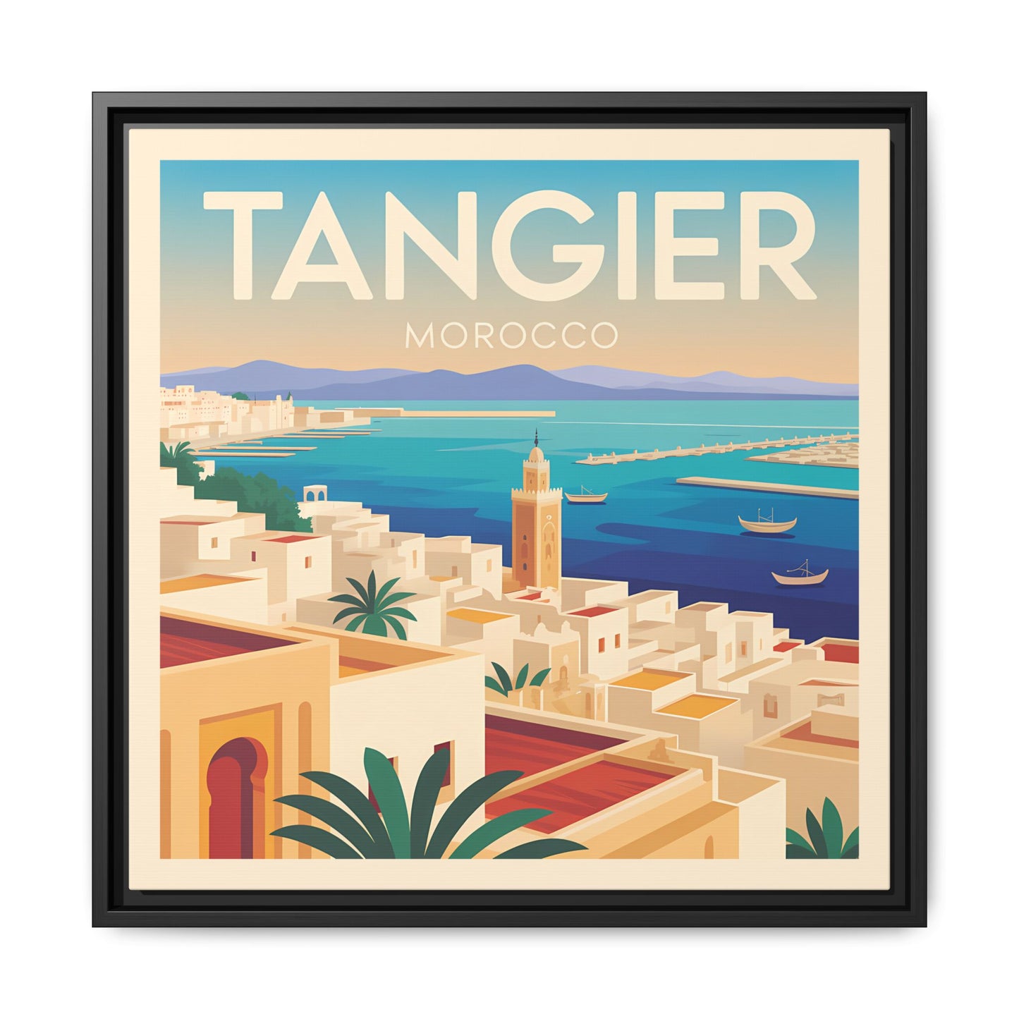 Tangier Morocco Travel Framed Wall Art Matte Canvas | Vintage Style Coastal Wall Art