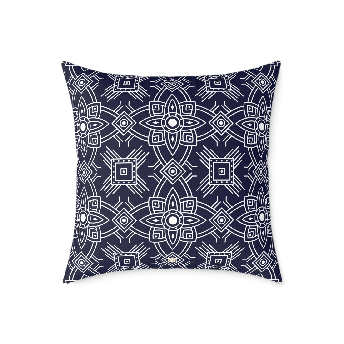 Navy White Geometric Mandala Square Pillow | Blue Pattern Throw Pillow