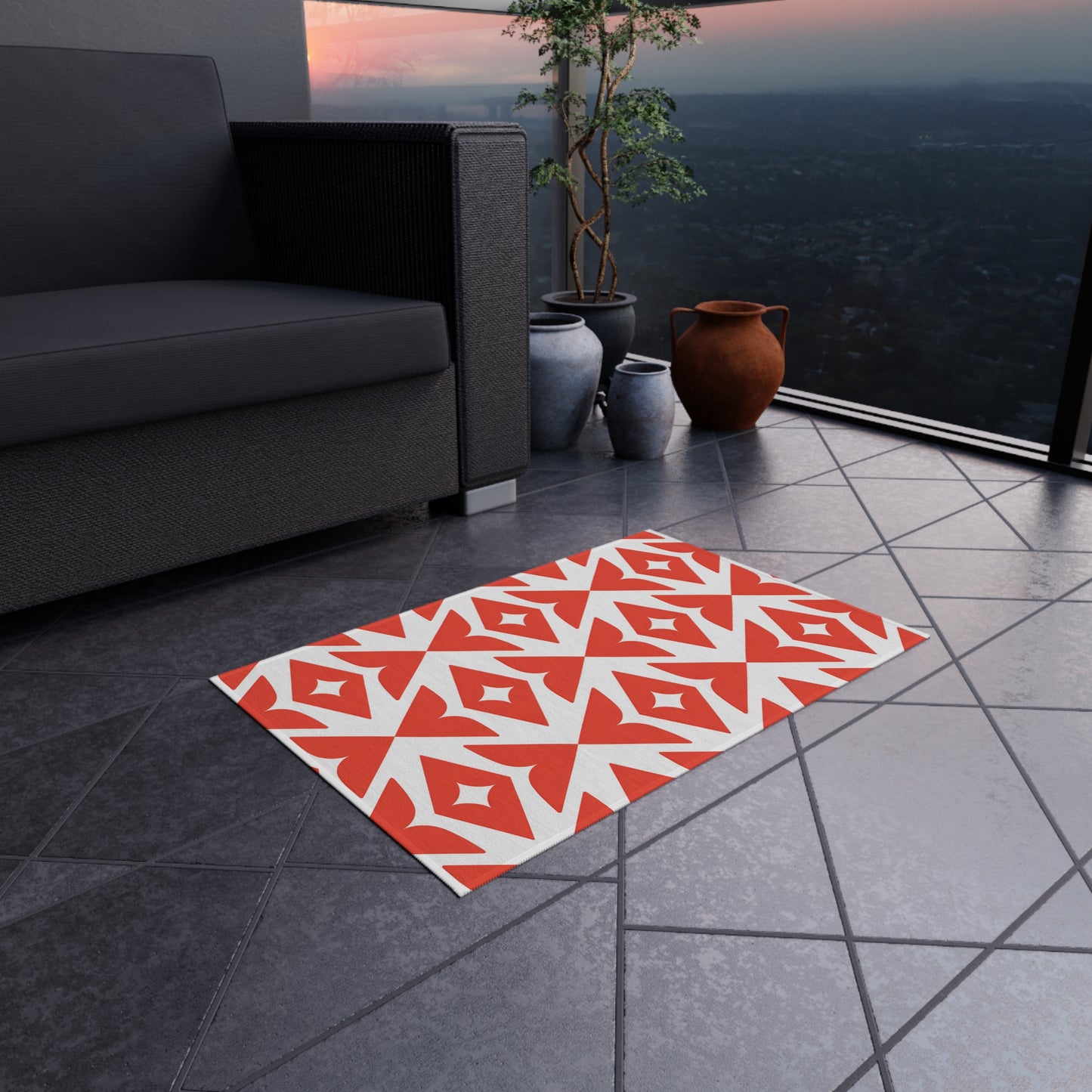 Retro Diamond Geo Outdoor/Indoor Rug | Dark Orange White Patio Mat