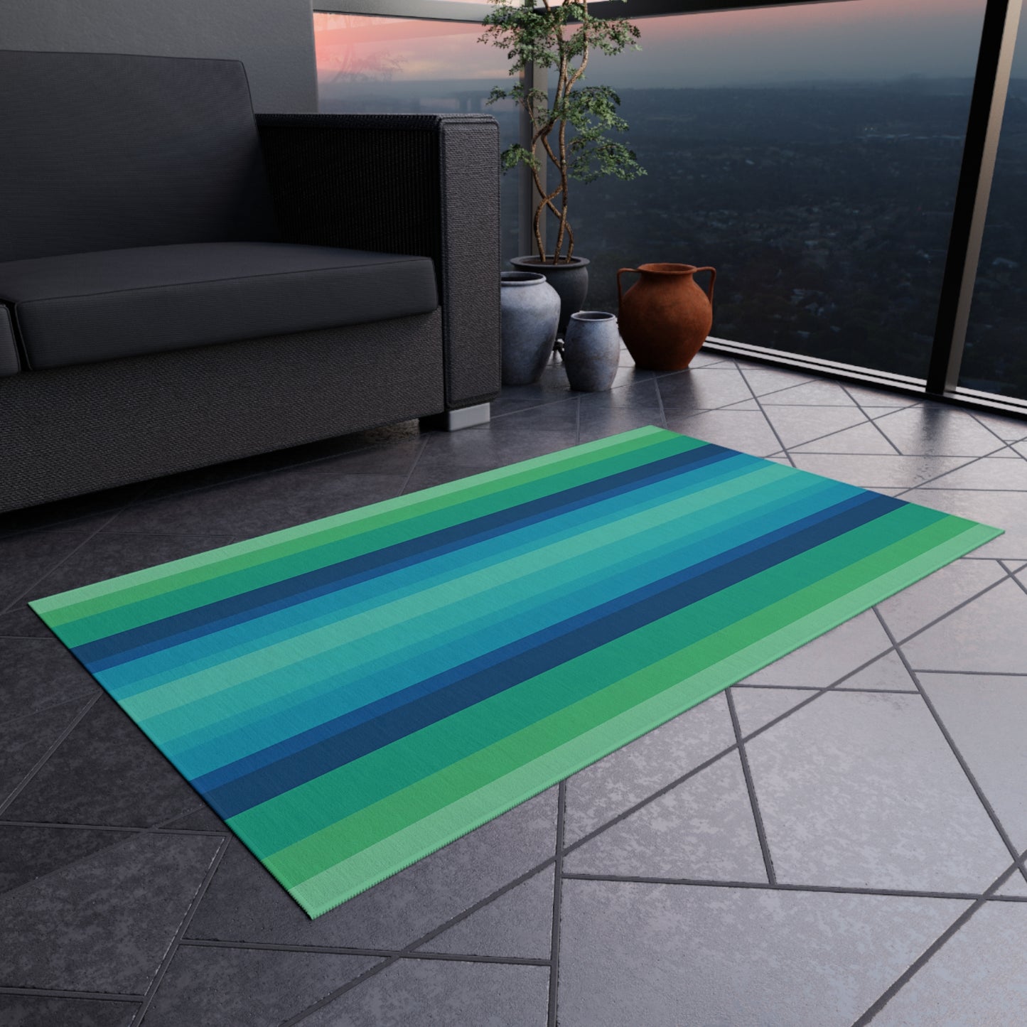 Blue Green Striped Outdoor/Indoor Rug | Patio Mat, Weather-Resistant Floor Covering