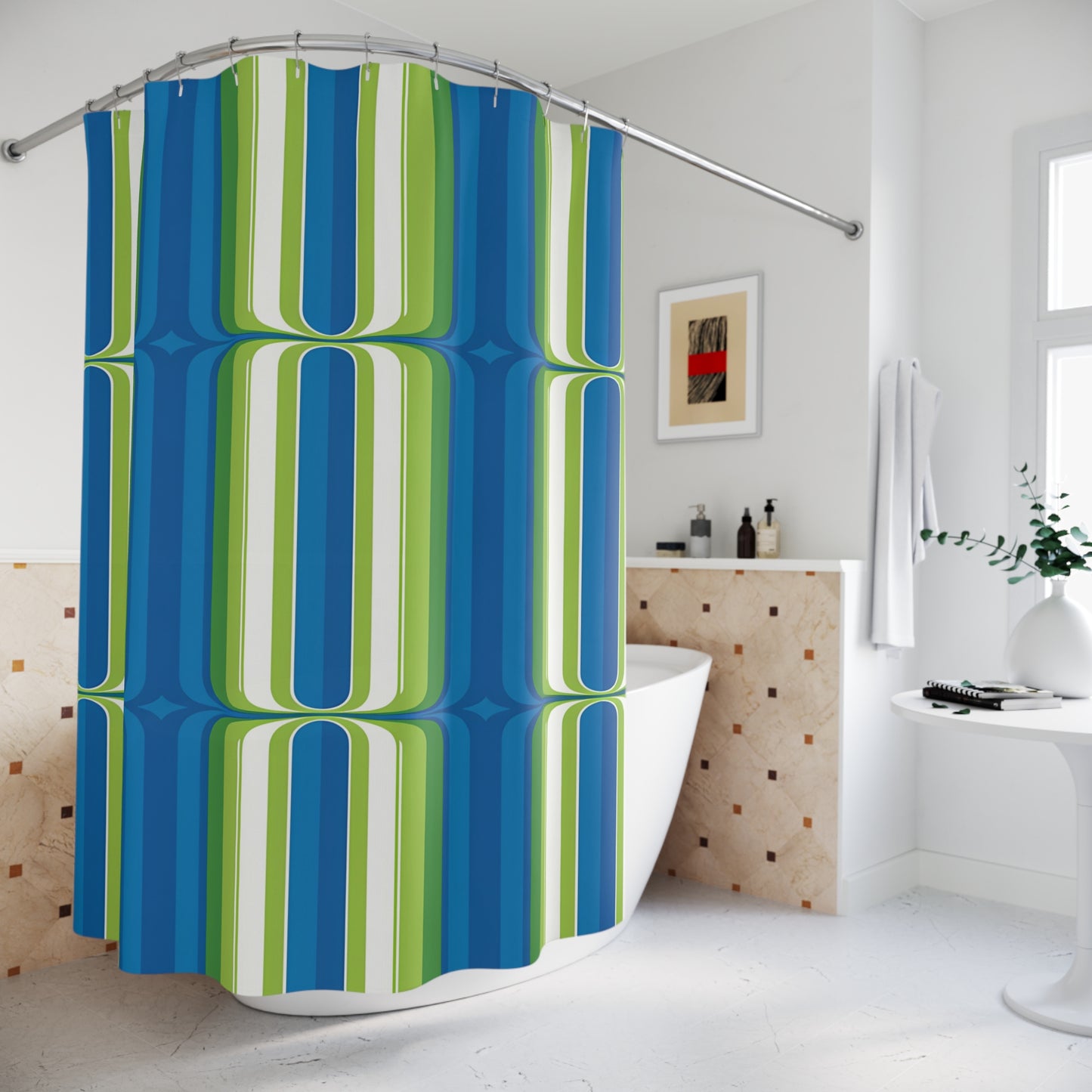 Retro Blue Green Geometric Shower Curtain | 70s Stripe Pattern