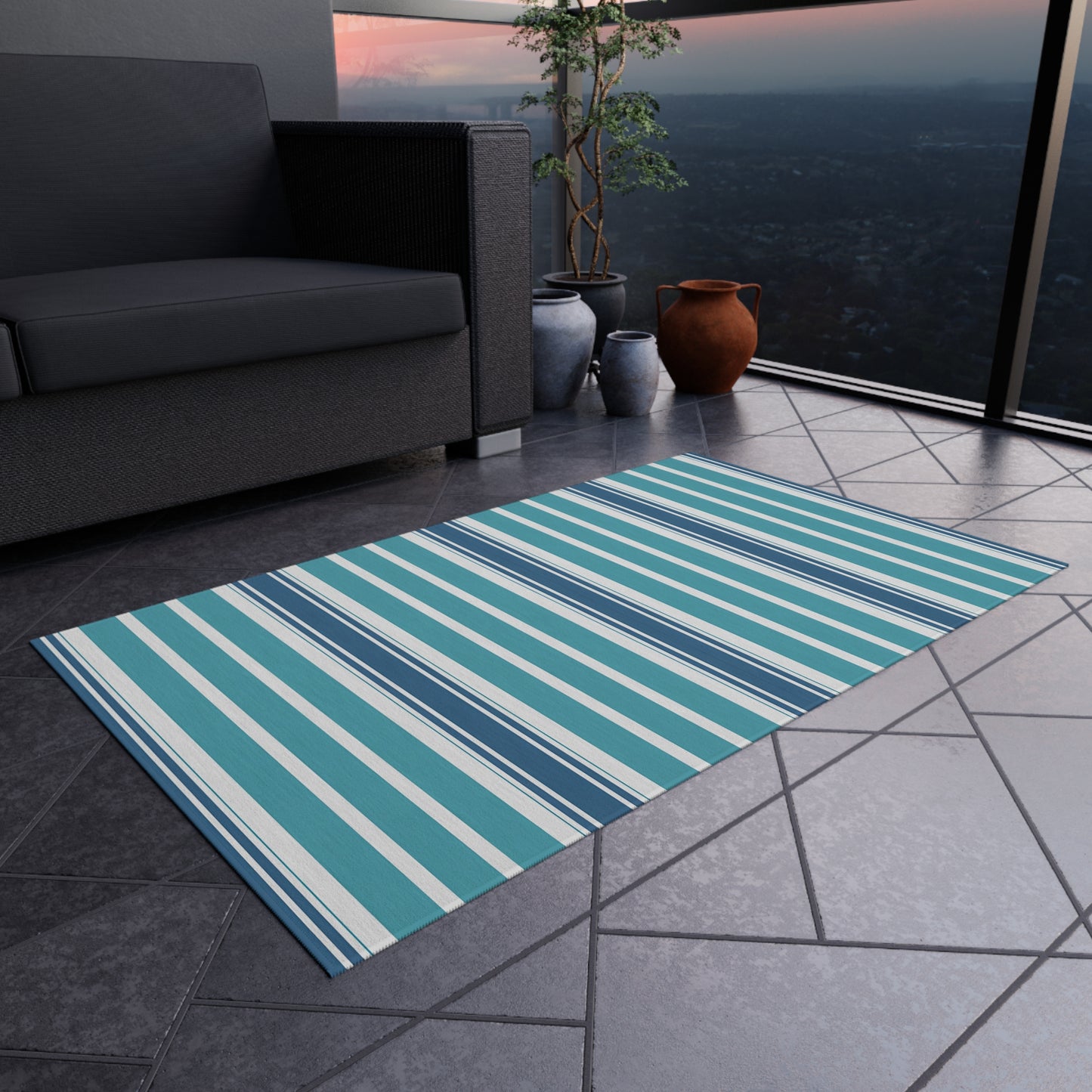 Blue Teal White Stripe Outdoor/Indoor Rug | Patio Deck Mat