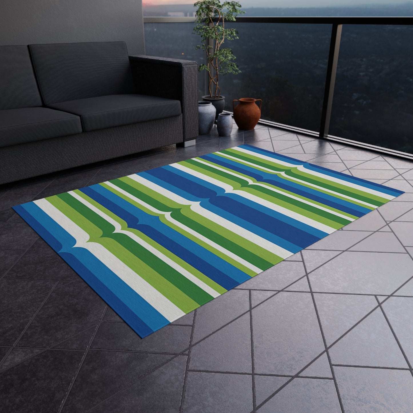 Blue Green Striped Pattern Outdoor/Indoor Rug | Patio Deck Mat
