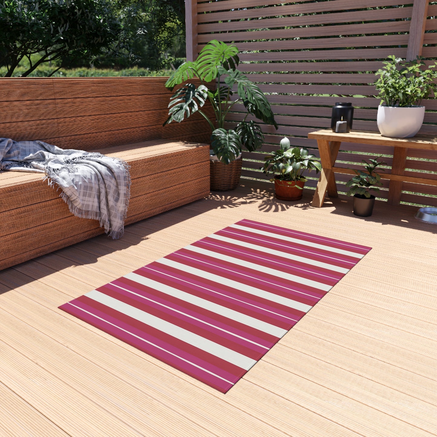 Red Pink White Stripe Outdoor Rug | Patio Floor Mat, Weatherproof Stripe Design