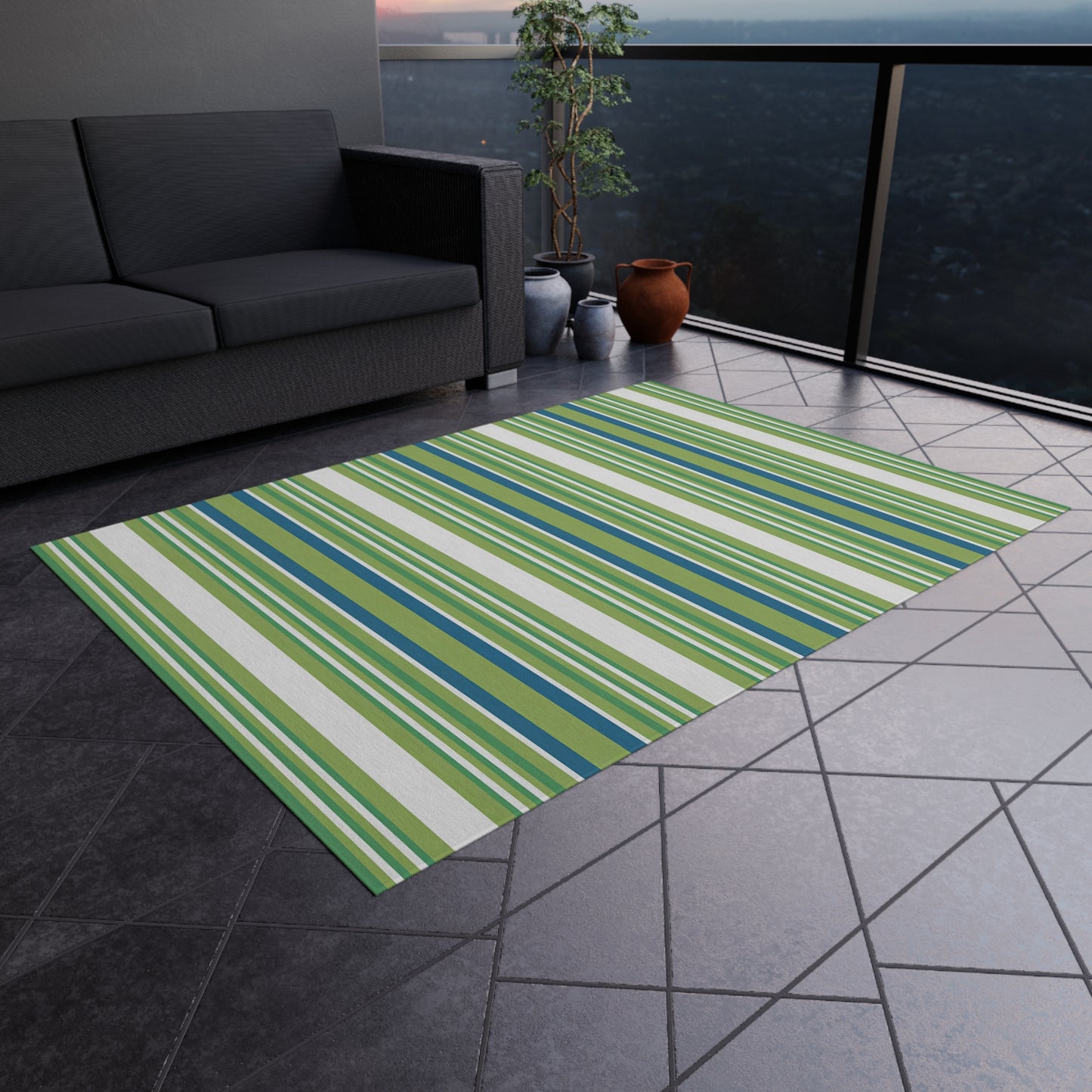 Green Blue White Stripe Outdoor Rug | Patio Mat, Weather-Resistant
