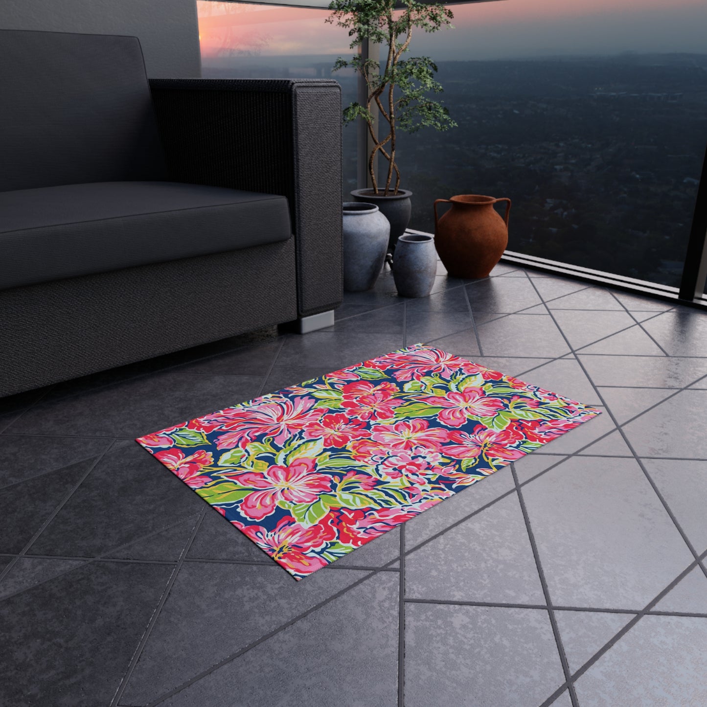 Pink Tropical Floral Indoor/Outdoor Rug | Hibiscus Pattern Patio Mat