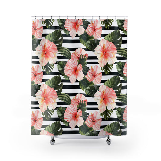 Tropical Floral Shower Curtain - Vibrant Bathroom Decor, Tropical Vibe, Beach House, Gift Idea, Hibiscus Pattern - LOLA VEGAS ART