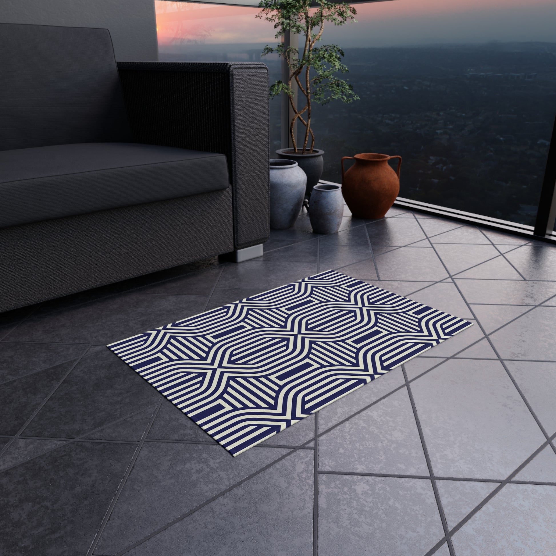 Navy and White Stylish Outdoor Rug, Patio Decor, Garden Mat, Indoor-Outdoor Area Rug, Beach Blanket, Porch Accent, Home Decoration - LOLA VEGAS ART