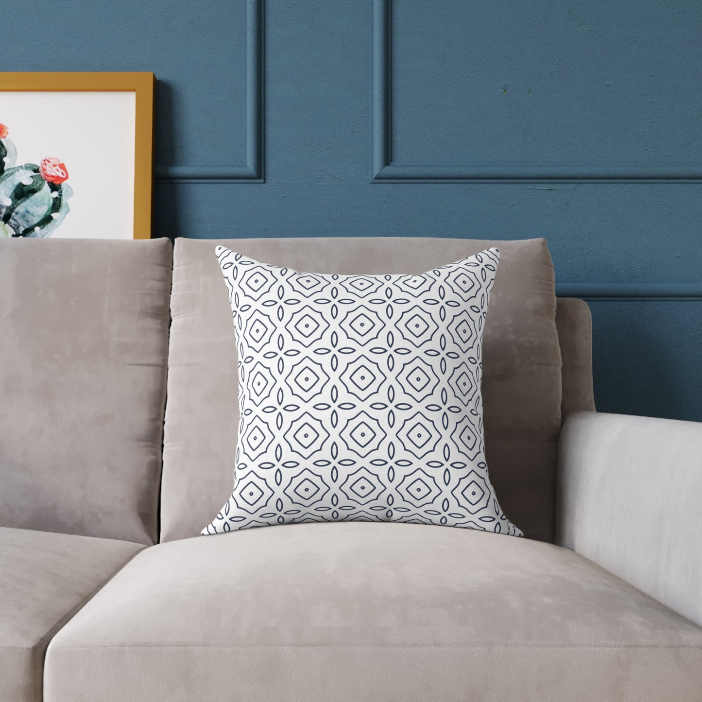 Geometric Tile Pattern Square Pillow | Blue White Moroccan Motif, Decorative Cushion, Home Decor Accent, Gift for Housewarming, Sofa Decor