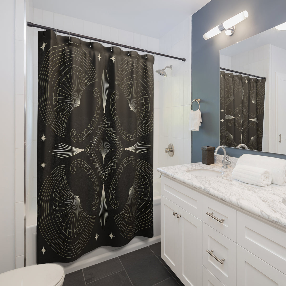 Art Deco Starburst Shower Curtain | Black White Geometric Bathroom