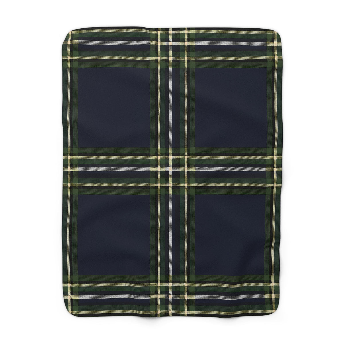 Navy Green Yellow White Tartan Plaid Sherpa Blanket | Cozy Fleece Throw