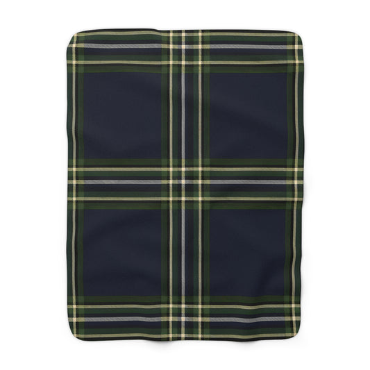 Navy Green Yellow White Tartan Plaid Sherpa Blanket | Cozy Fleece Throw