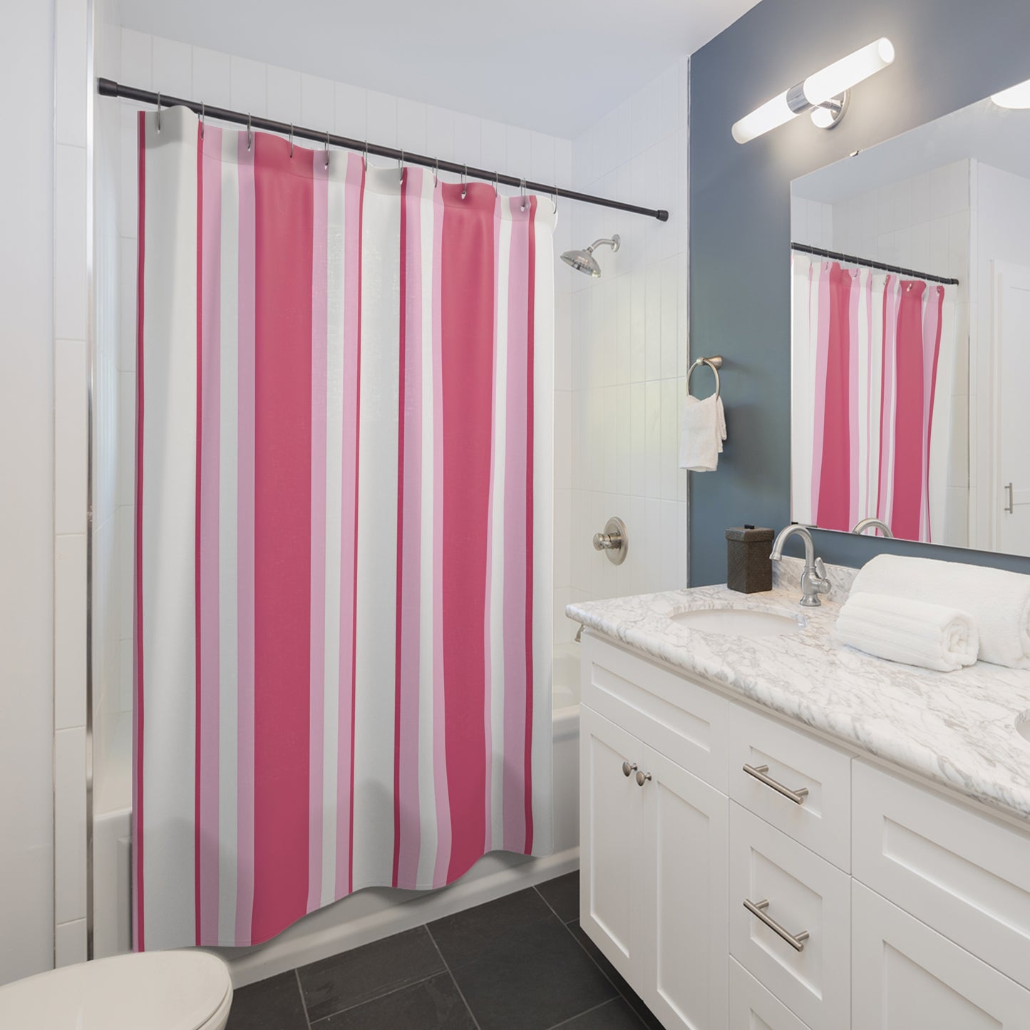 Pink Vertical Stripes Shower Curtain | Hot Pink, Light Pink & White
