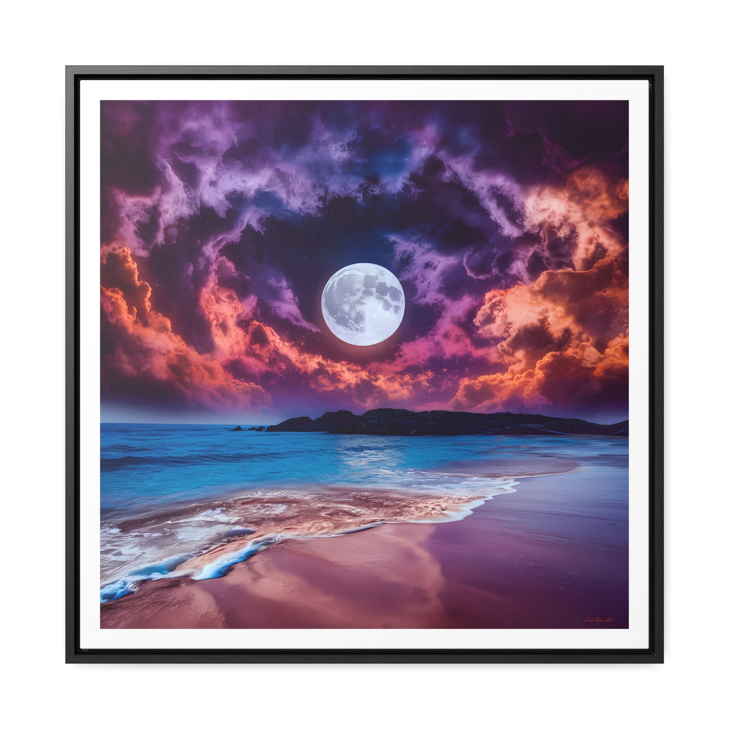 Beach Moon Square Canvas Wall Art, Ocean Night Sky Decor, Gallery Frame Print, Purple Orange Moonlight Photography, Coastal Home Gift