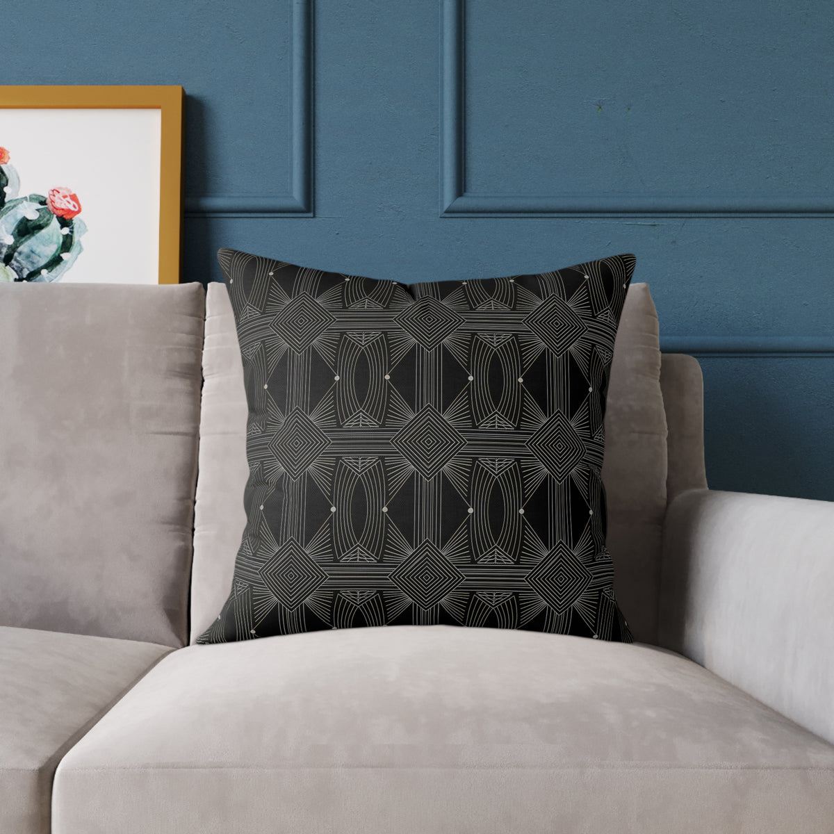 Geometric Black Tile Pattern Square Poly Canvas Pillow | Modern Decorative Throw
