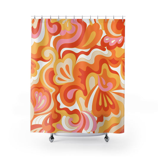 70s Retro Swirl Shower Curtain | Orange Pink Abstract Floral Pattern