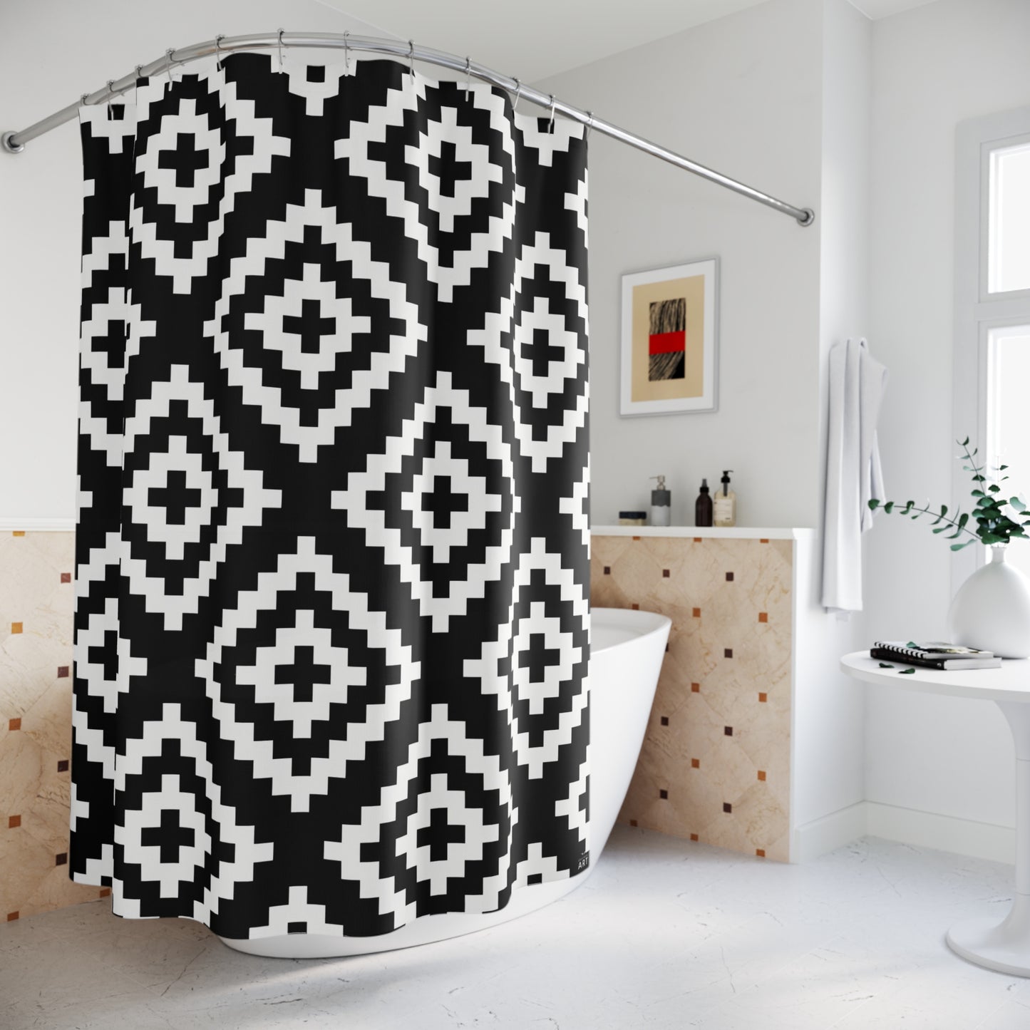 Black White Boho Native American Geometric Diamond Shower Curtain | Aztec Pattern