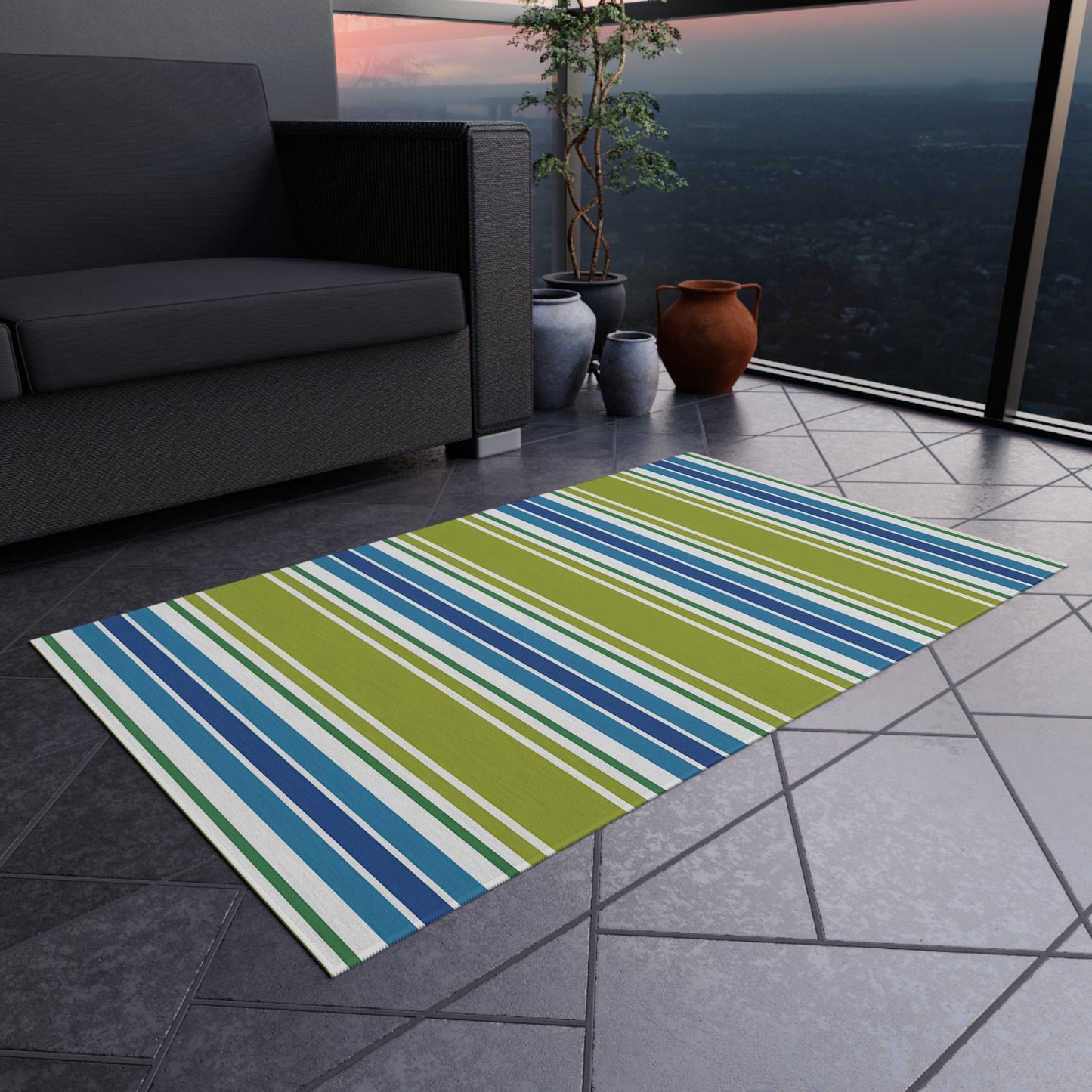 Blue Green White Striped Outdoor Rug | Outdoor Rug