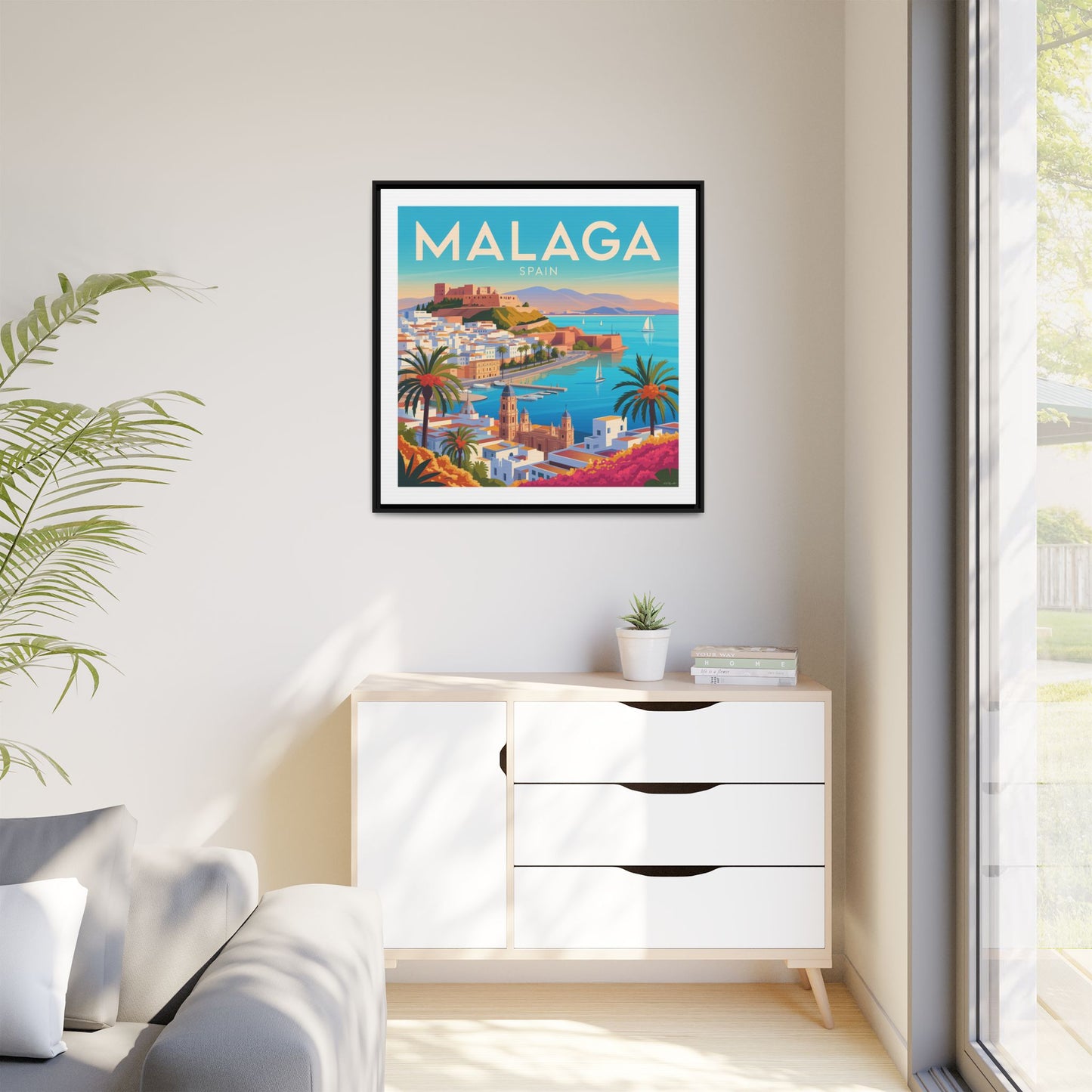 Malaga Spain Coastal  Matte Canvas Framed Wall Art| Vintage Style Travel Art
