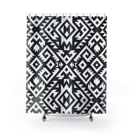 Black White Aztec Boho Geometric Shower Curtain | Tribal Pattern Bathroom