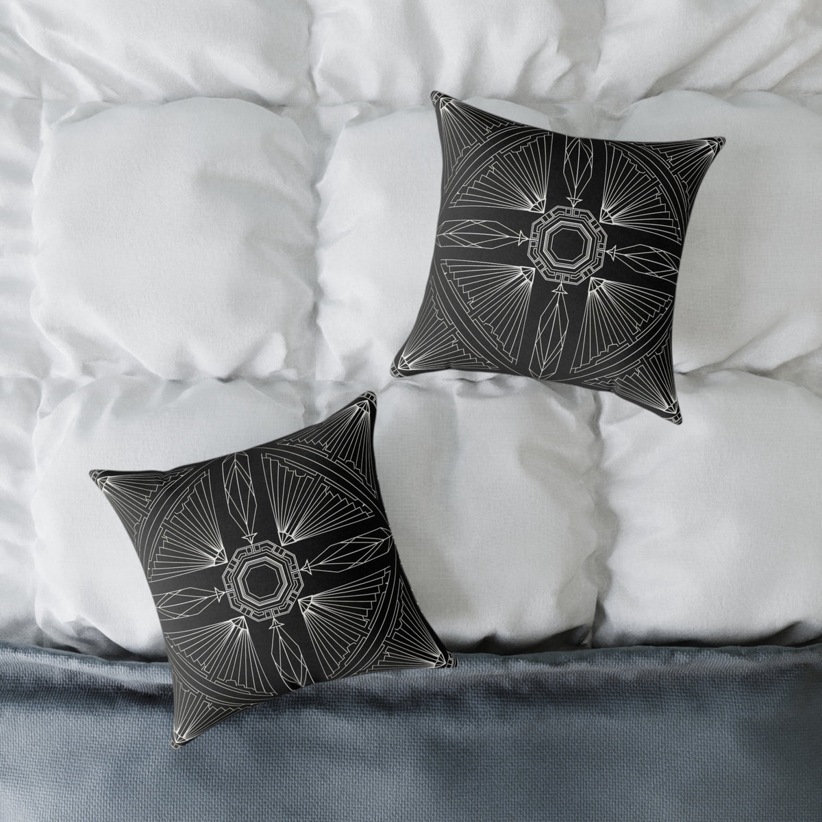 Art Deco Black White Geometric Pattern Pillow | Square Poly Canvas Pillow
