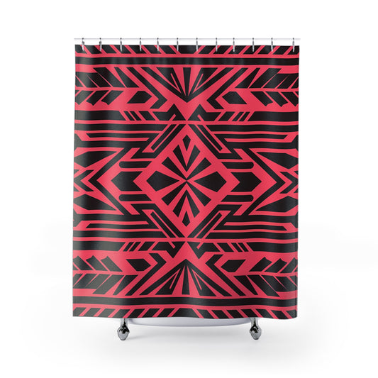 Boho Tribal Black Shower Curtain, Southwest Design on Pink-Red Background Bathroom Decor, Unique Home Accent, Hippie Style Bath Curtain,