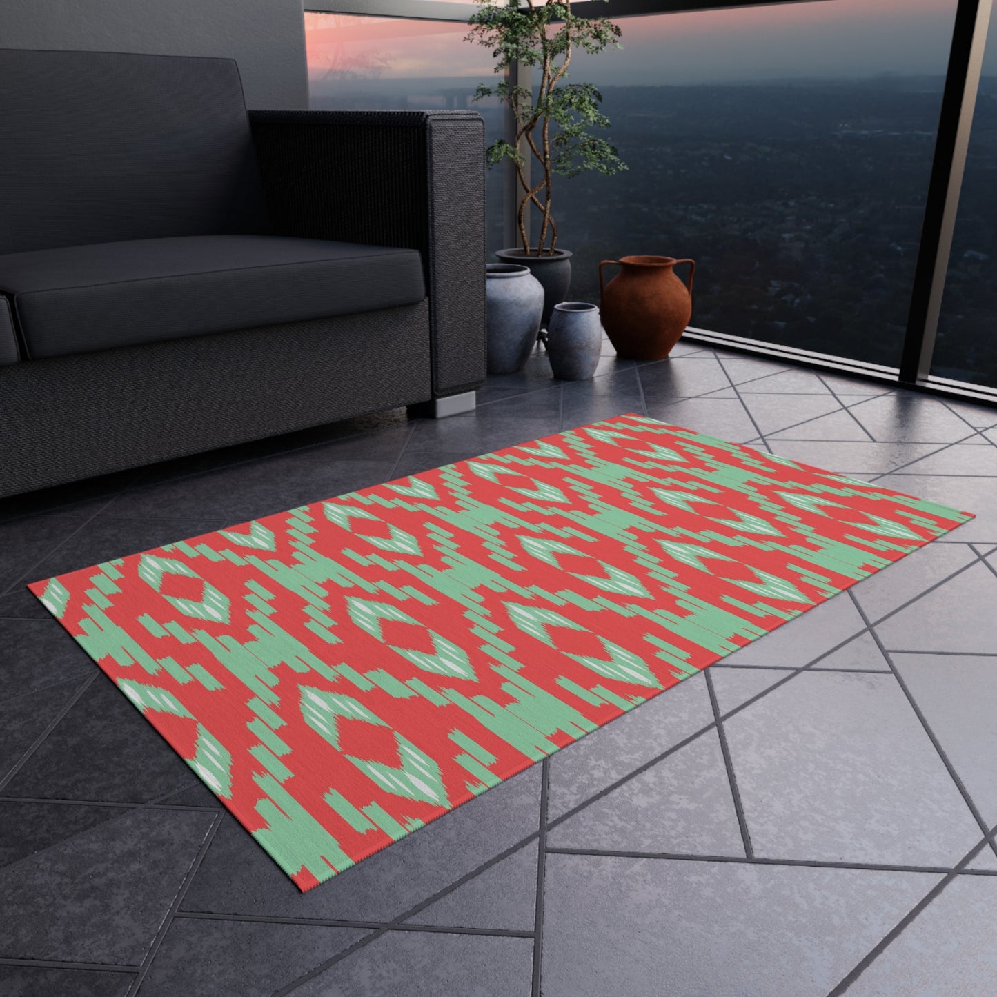 Coral Green l Ikat Pattern Outdoor/Indoor Rug | Geometric Patio Mat
